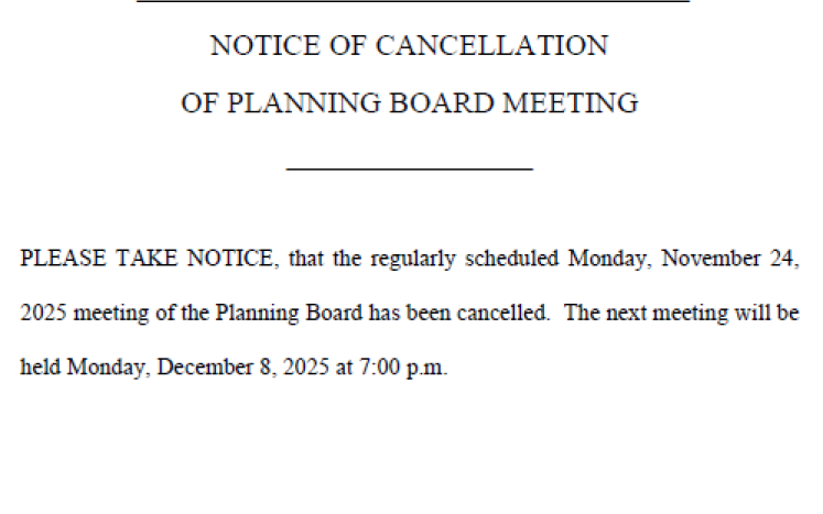 Public Notice - Cancellation of 11/24/2025 Planning Board Meeting