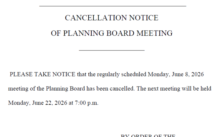 Cancellation of June 8th Planning Board Meeting